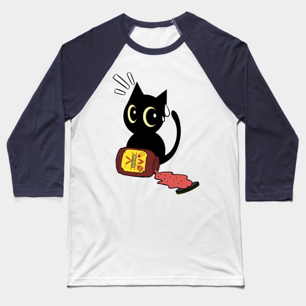 Funny Black Cat Spills a jar of BBQ Sauce Baseball T-Shirt by Pet Station